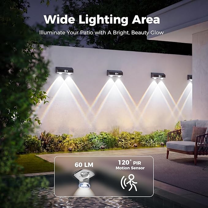 kolpop 12 Pack Solar Fence Lights Outdoor with 3 Modes Motion Sensor,IP65 Waterproof,1200mAh 60LM Bright LED Solar Lights for Fence,Patio,Backyard,Wall,Nighttime,Party(Cool White)
