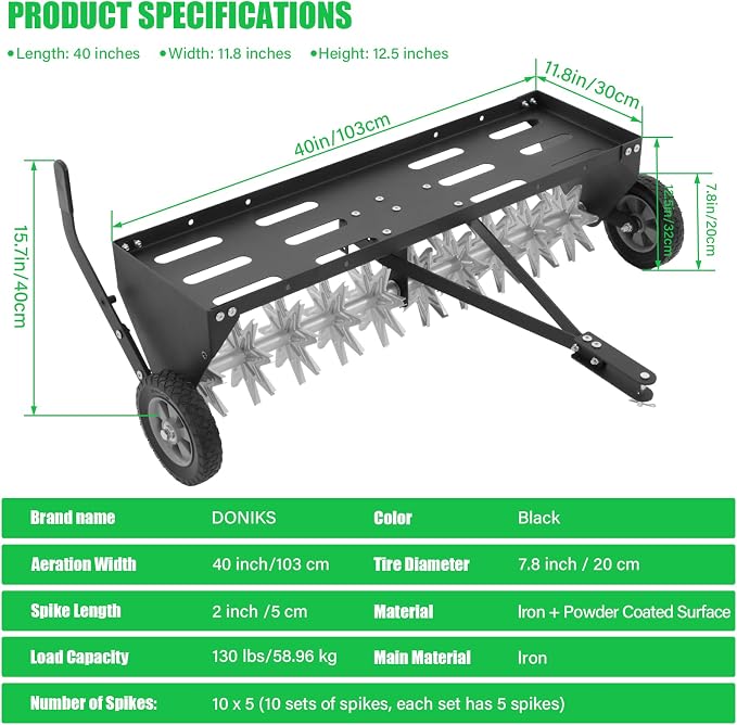Doniks 40" Tow Behind Plug Aerator with Transport Wheels, Lawn Aerator Tow Behind with Galvanised Steel Tines and Extra-Wide Tow Bar, Pull Behind Aerator for Gardens, Lawns, Farms