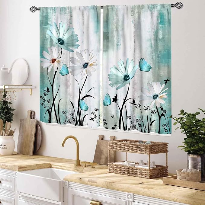 Teal White Daisy Curtains, Farmhouse Modern Flower Retro Floral Spring Butterfly Rural Country Style Turquoise Small Short Window Curtains for Living Room Bedroom Kitchen Bathroom 2 Panels, 55x39 Inch