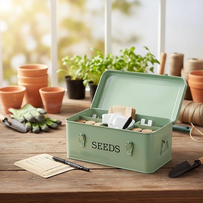 Seed Storage Organizer, 4 Compartment Metal Seed Saving Box with Lid and Safety Locks,Seeds Packet Container with 1 Pen, 12 Slots, 20 Plant Labels, 30 Seeds Envelopes,Perfect for Flower Plants Garden