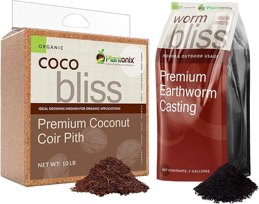 Coco Bliss (10lbs) + Worm Bliss (2 Gallons) - Coco Coir Brick & Organic Worm Castings for Plants - Coco Coir for Plants - Earthworm Castings Worm Fertilizer - Organic Garden Soil & Potting Soil Mix