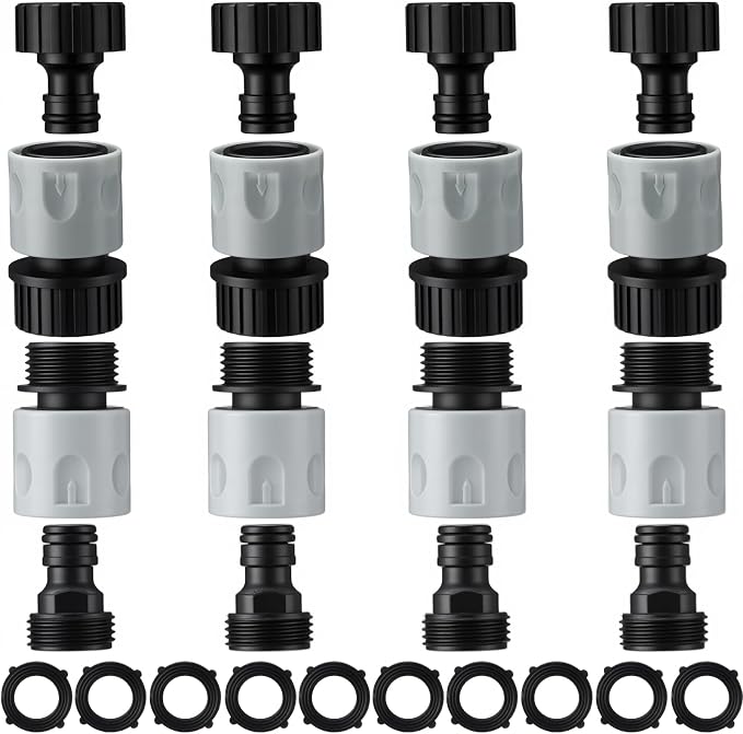 Hotop 16 Pieces Garden Hose Quick Connector 3/4 Inch Plastic Water Hose Fittings Male and Female Connectors End Adapters with 10 Pieces Rubber Gaskets(Gray, Black)