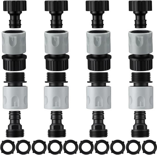 Hotop 16 Pieces Garden Hose Quick Connector 3/4 Inch Plastic Water Hose Fittings Male and Female Connectors End Adapters with 10 Pieces Rubber Gaskets(Gray, Black)