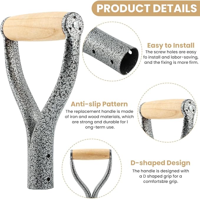 Shovel D Grip Handle,Metal Shovel Replacement Handle with Wooden Grip Reusable Spade Handles for Digging Garden Raking Tools Snow Scoop 32mm Inner Diamete(Silver)(Silver)