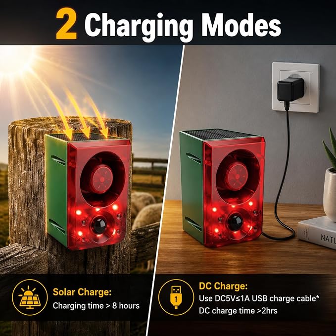 ChunHee Solar Outdoor Motion Sensor Alarm with Dog Barking Gunshot Sound, Support Recording and Adjustable Volume, 130db Loud Noise Maker 3 Work Modes Strobe Light for Home, Villa, Farm, Barn (6pack)