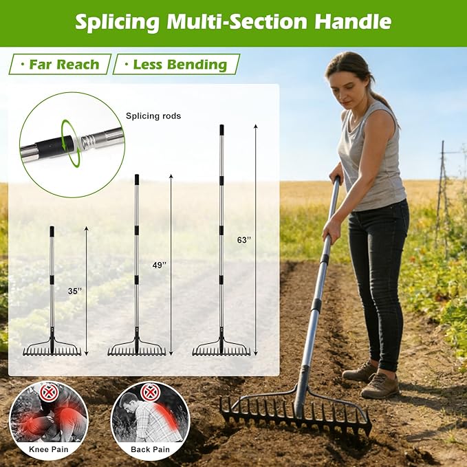 63" Bow Rake,Heavy Duty Metal Garden Rake for Moving Gravel Loosening Soil Leveling Ground Gathering Leaf Debris Spreading Mulch, 17 Tines,Adjustable Handle, for Lawn Garden Farm Landscape Work