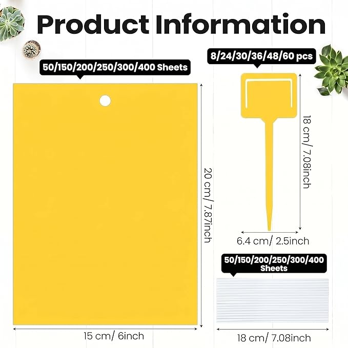 Qualirey 250 Pcs Yellow 6 x 8 Inch Sticky Traps for Gnats Dual Sided Fruit Fly Sticky Traps for Indoor and Outdoor Plant with Twist Ties and Plastic Holders for Fungus Gnats, Bug, Flying Insect