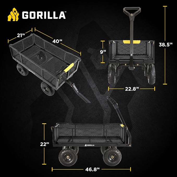 Gorilla Carts Steel Utility Cart, 4 Cu Ft Bed, 900 lb Load Capacity, Black – Towable Heavy-Duty Outdoor Hauling Wagon with Removable Side Panels for Yard, Lawn, Garden or Landscaping