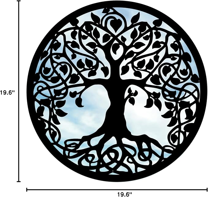 Sun Catcher Garden Decor Tree of Life Garden Mirror 50cm, 19.6 Inches Diameter Round Framed Mirror Outside Back Acrylic Fixings Included, Colour:Black