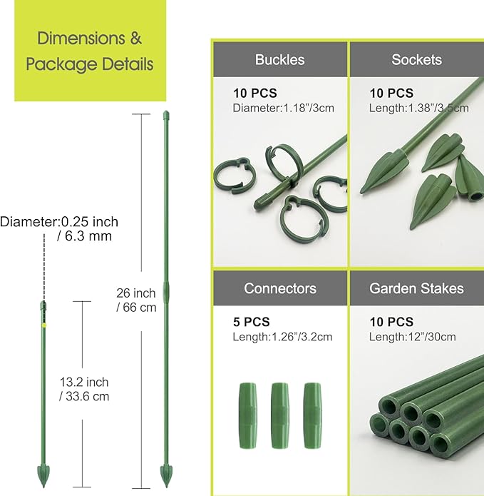 RIFNY Plant Stakes for Indoor Plants, 12 Inch Plant Support Stakes with Clips, Tall Adjustable Plant Sticks for Indoor Monstera Tomato Orchid Potted Plants Flower (10 PCS, Green)