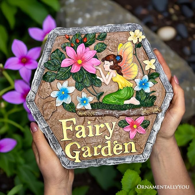 OrnamentallyYou Elegant Resin Stepping Stone, Outdoor Garden Pathway Decoration (Fairy Kisses and Flowers Garden Stepping Stone, 9.5" Outdoor Decoration Statue)