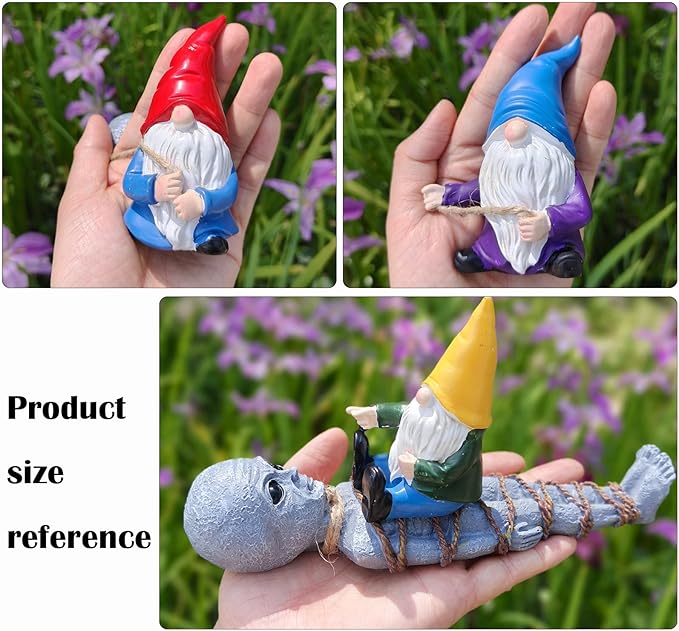 Garden Gnomes with Alien Figurine, Polyresin Naughty Gnome Statue for Patio Lawn Garden Porch Fence Outdoor Decoration