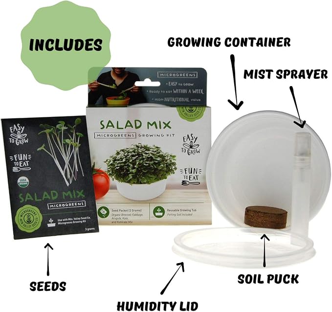 Mini Microgreens Growing Kit - Salad Mix - Grow Your Own Organic Gourmet Micro Greens Indoors: Salad, Sandwich & Garnish - Easy & Fun - Great Gift or Stocking Stuffer (Salad Mix)