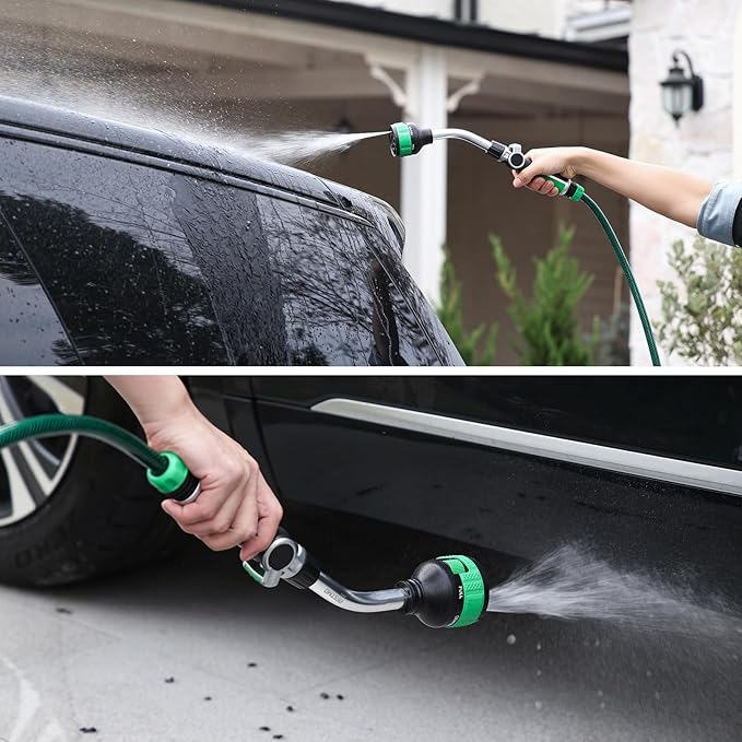 RESTMO 2-in-1 Watering Wand, Heavy Duty Metal Garden Hose Wand with 9 Spray Patterns, Multi-Function Hose Nozzle Sprayer with Thumb Flow Control, Ideal to Water Hanging Baskets and Shrubs, Green