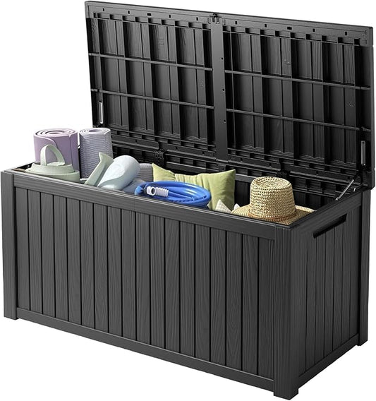 180 Gallon Deck Box Organizer, Doubles as 2-Person Bench Seat, Black – Large Resin Outdoor Storage and Seating with Lockable Lid for Garden, Pool, and Patio