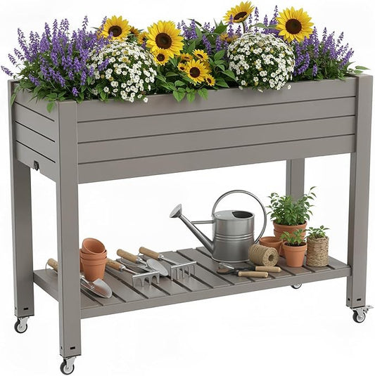 EasyUp 21 Gallon Raised Garden Bed with Wheels, Elevated Planter with Storage Shelf, Weatherproof Mobile Garden Box for Patio Balcony Vegetables & Flowers (Brown)