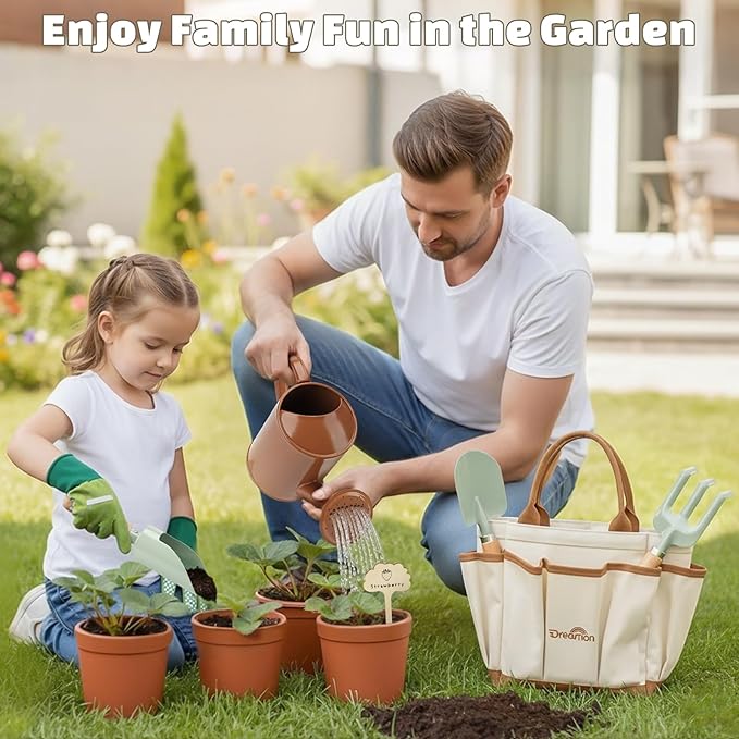 Kids Gardening Set, Quality Gardening Tools Outdoor Toys Set for Kids Toddler, Includes Tote Bag, Gloves, Watering Can, Shovel, Rake, Cultivator, Garden Tool Kit Learning Outdoor Gifts for Boys Girls