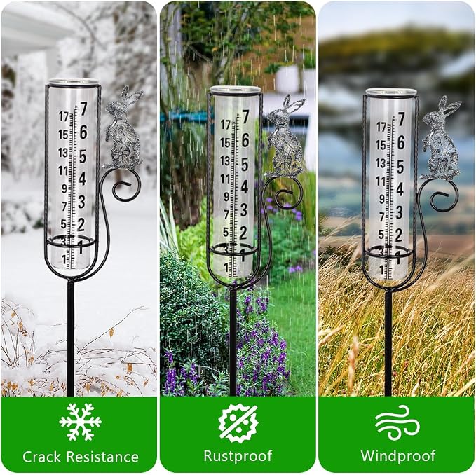 Stargarden Rain Gauge Outdoor, Rabbit Rain Gauge with Metal Stake, Decorative Rain Measure Tool for Lawn, Garden, Outdoor