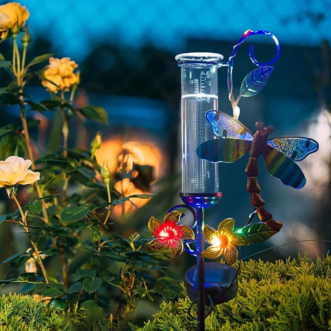 Stargarden Rain Gauge Outdoor, Metal Dragonfly Rain Gauge with 5 inch Glass Tube, Decorative Solar Rain Gauge with LED Lights for Yards, Lawns, Pathways, Patios