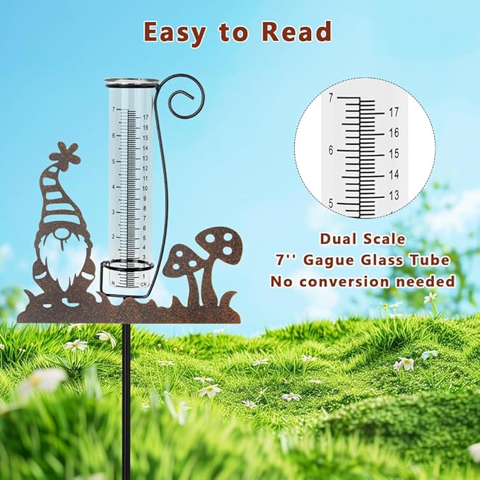 Rain Gauge Outdoor, Gnome Decorative Rain Gauges for Yard, Freeze Proof Rain Gauge with 7" Glass Tube, Metal Garden Stake for Measuring Precipitation