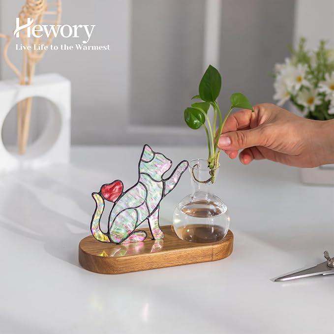 Hewory Handmade Cat Propagation Stations: Iridescent Stained Glass Cat Planter Pot with Wooden Stand for Desktop Decor for Plant Lovers Women
