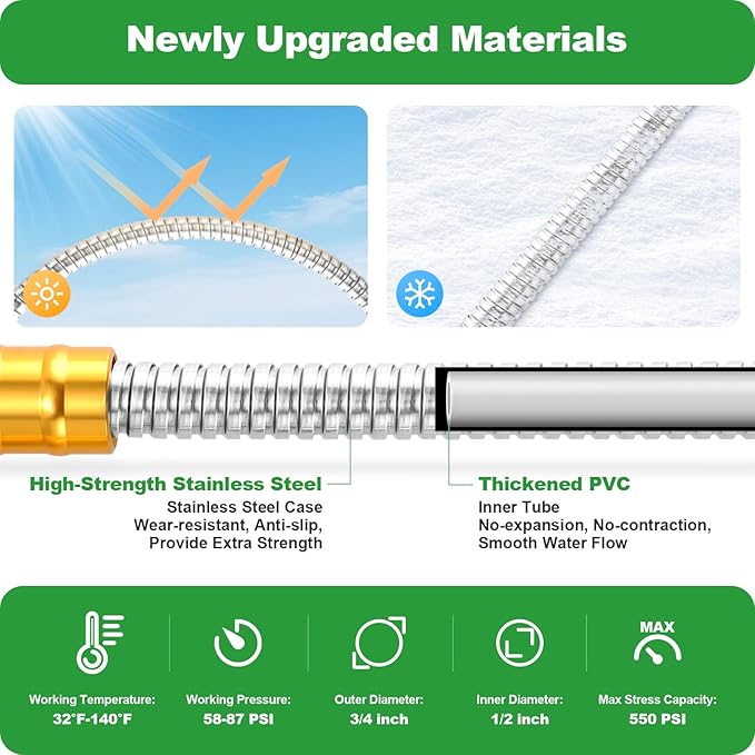Garden Hose 50FT, Flexible Stainless Steel Metal Water Hose with 10-Function Nozzle, No-Kink, Leak-Proof, Wear-Resistant, 3/4 GHT, Easy to Use and Store for Garden, Yard, Lawn, Outdoor