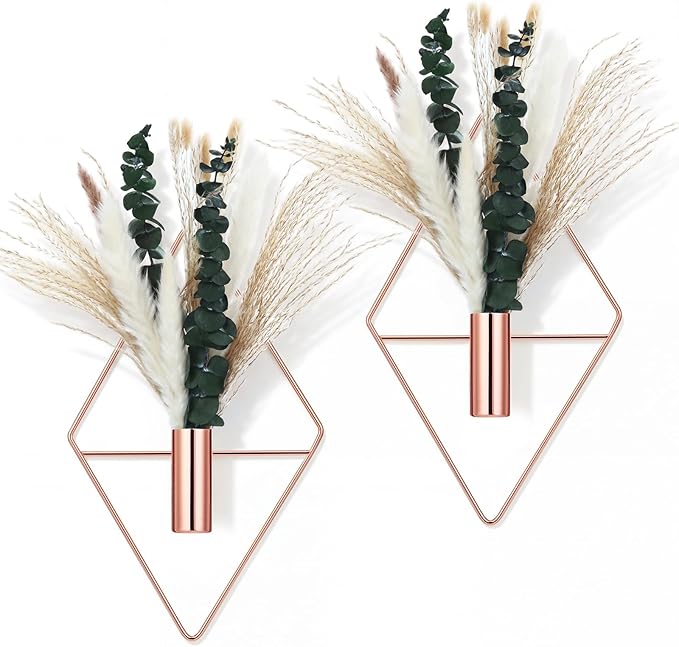 Canlierr 4 Pcs Rose Gold Wall Decor Hanging Planters with Artificial Plants Eucalyptus Pampas Grass Metal Hanging Vase Indoor Plants Holder Modern Boho Wall Art for Bathroom Bedroom Living Room Decor
