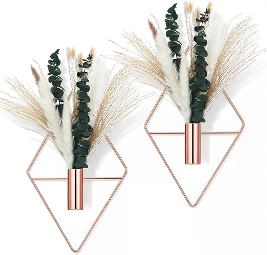 Canlierr 4 Pcs Rose Gold Wall Decor Hanging Planters with Artificial Plants Eucalyptus Pampas Grass Metal Hanging Vase Indoor Plants Holder Modern Boho Wall Art for Bathroom Bedroom Living Room Decor