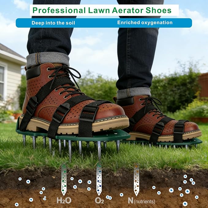 Lawn Aerator Shoes Upgrades Aeration Shoes for Lawn Heavy Strap Spike Shoes for Grass Soil Aerating Spikes Tool (Green)