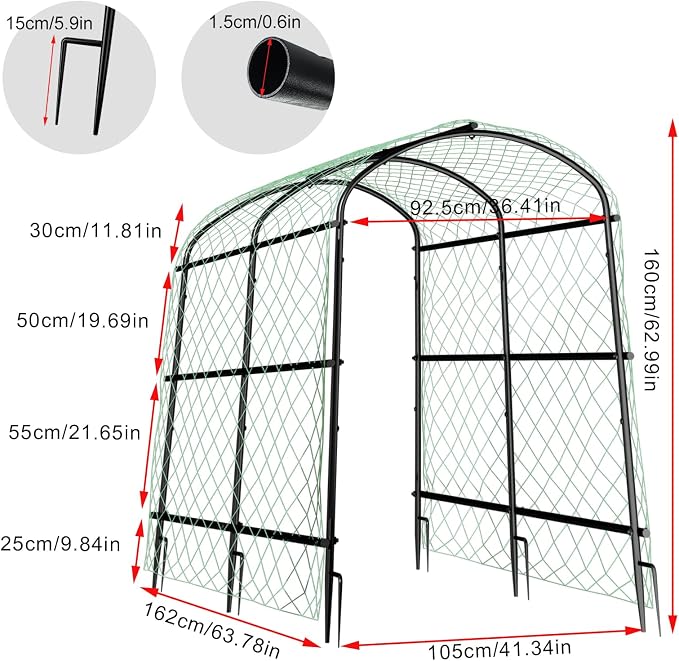 unho 63inch Metal Garden Trellis Arch for Climbing Plants - Polyethylene-Coated Anti-Rust, Heavy Duty, Wide Walk-Through Outdoor Arch with Net, for Cucumber Tomato Squash Zucchini Peas Grape Flowers