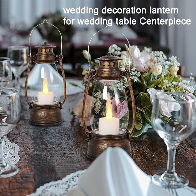 Vintage Lantern Decor, 4-Pack Flickering LED Candle Lantern with Remote Small Sized Lantern Indoor Outdoor Hanging Lanterns for Wedding Centerpiece,Halloween,Christmas,Farmhouse Decorations