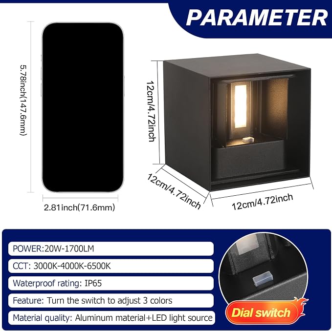 4 Pack LED 20W Outdoor Wall Lights Exterior/Interior 3 Colors Adjustable Wall Sconce Up and Down Light Porch Lights IP65 Waterproof Exterior Wall Sconce Modern Outdoor Lighting Square Aluminum Black