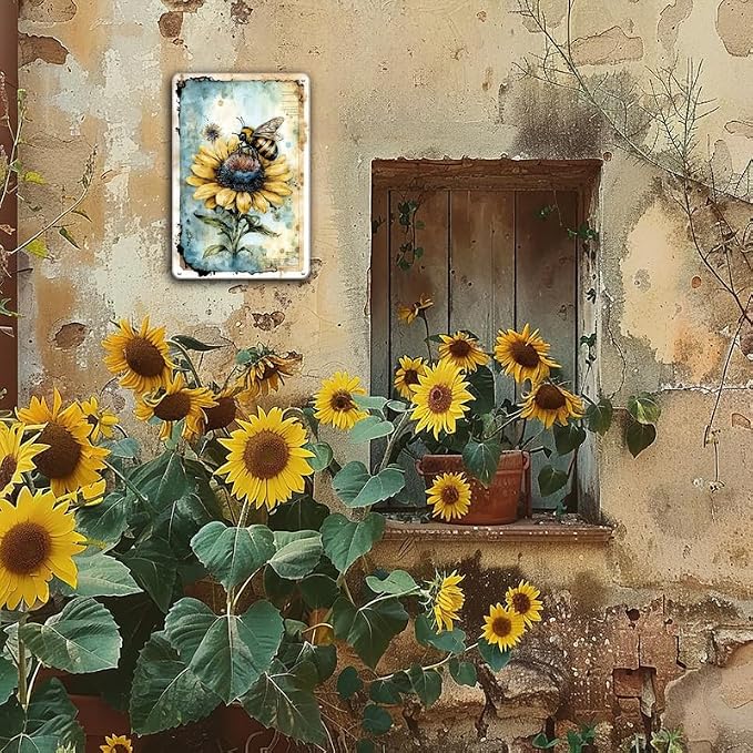 YOYI ART Metal Garden Signs for Outside - Vintage Bee Sunflower Sign, Outdoor Signs for Patio, Backyard, Farmhouse, Garden, Porch, Home and Yard Wall Decor Art, Gifts for Women, 8 x 12 inch