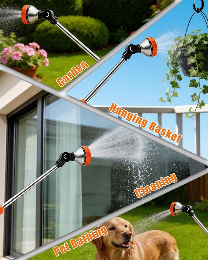 24-Inch Watering Wand with 8 Spray Patterns & 180° Rotating Head, Arthritis Friendly Hose Sprayer Nozzle with Thumb Control, Hose Nozzle for Hanging Baskets, Garden Plant & Cleaning Works