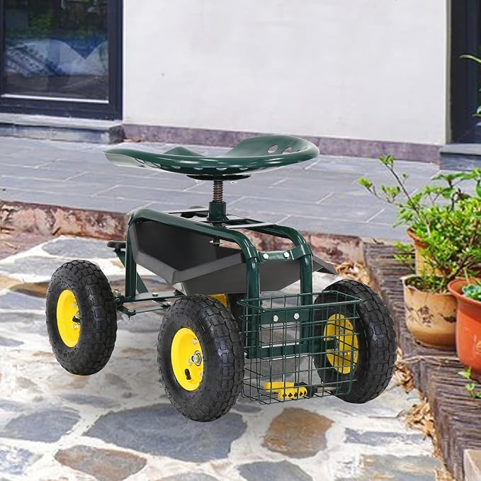 Garden Cart Rolling Work Seat Patio Wagon Scooter for Planting with Utility Tool Tray and Basket, Green