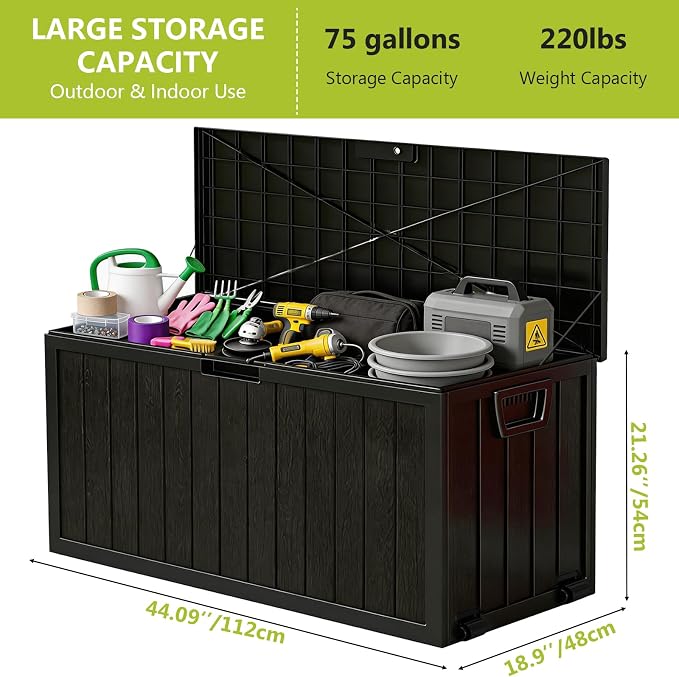 75 Gallon Outdoor Storage Box, Deck Boxes Outdoor Waterproof, Package Delivery Boxes For Outside, Patio Storage Box For Garden, Doorstep, Camping, Black(Black, 75, Gallons)