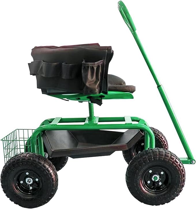 THUNDERBAY Garden Cart Rolling Workseat with Wheels, 360 Degree Swivel Seat, Wagon Scooter with Steering Handle & Utility Tool Tray for Planting, with Storage Basket and Tool Pouch, Green
