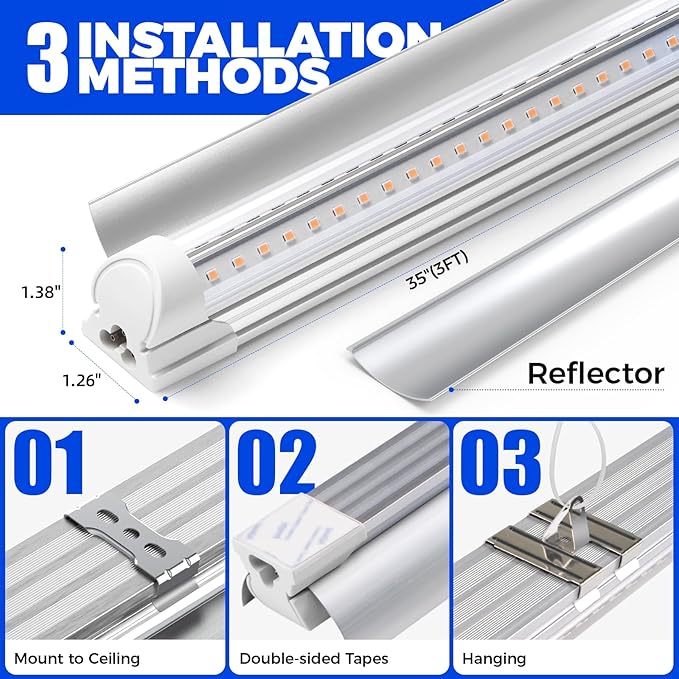 Barrina LED Grow Lights, Full Spectrum, 180W(6 x 30W, 1000W Equivalent), 3ft Grow Light Strips, T8 Grow Light Bulbs, Plant Lights for Indoor Plants, Greenhouse, Pinkish White, Linkable Design, 6-Pack