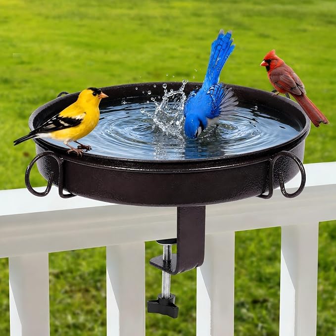Deck Mounted Bird Bath 12 Inches,with Adjustable Metal Clamp Up to 3.4 Inches,Wall Mount Bird Bath for Railing,Fence,Patio