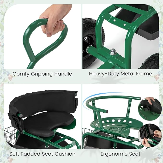 Garden Cart with Seat, Heavy-Duty Rolling Wagon Scooter with Wheels, Height Adjustable & 360° Swivel Seat, Storage Tray, Basket & Handle, Outdoor Gardening Work Seat for Patio Yard(Green)