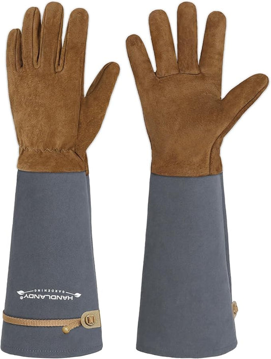 HANDLANDY Long Gardening Gloves for Men & Women, Pigskin Leather Rose Pruning Gloves, Breathable Thorn Proof Gauntlet Glove (Steel Gray, M)