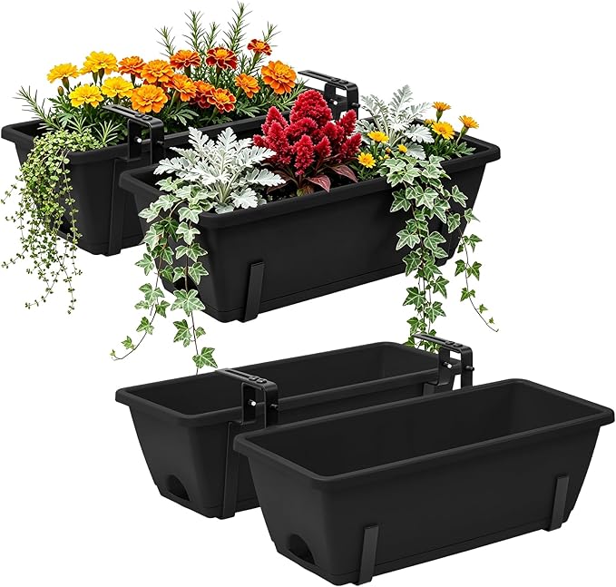 Sunexinlo 4-Pack Railing Planter Boxes with Double-Sided Adjustable Brackets, Plastic Rectangular Flower Boxes with Drainage Holes and Trays for Outdoor Balcony, Deck, Patio, Porch, Fence, Black