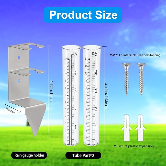 Rain Gauge,Rain Gauges Outdoors Best Rated with Stainless Steel Mounting Rack Holder,Freeze Proof Plastic Replacement Tube,Large Numbers,Rain Measure Gauge for Yard Garden Fence Lawn Patio Farm(5")