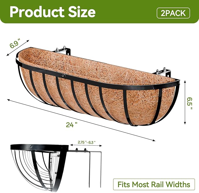 Halatool 24 Inch Railing Planter Box, 2 Pack Window Boxes Planters, Balcony Flower Boxes with Coco Liner & Adjustable Brackets, Trough Planter Box for Outdoor Fence, Deck, Porch & Garden
