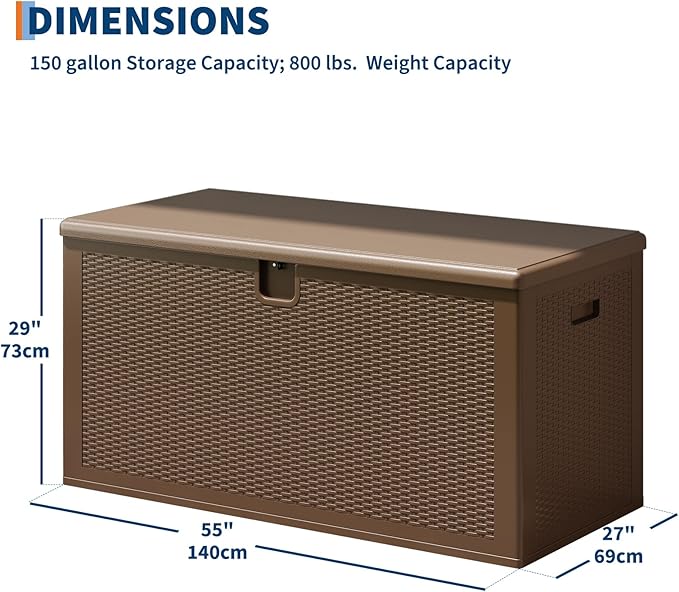 IDEALHOUSE 150 Gallon Resin Deck Box, Waterproof Outdoor Storage Box with Lockable Lid & UV Resistant, Patio Furniture Cushion Storage Container for Garden, Backyard, Poolside (Brown)
