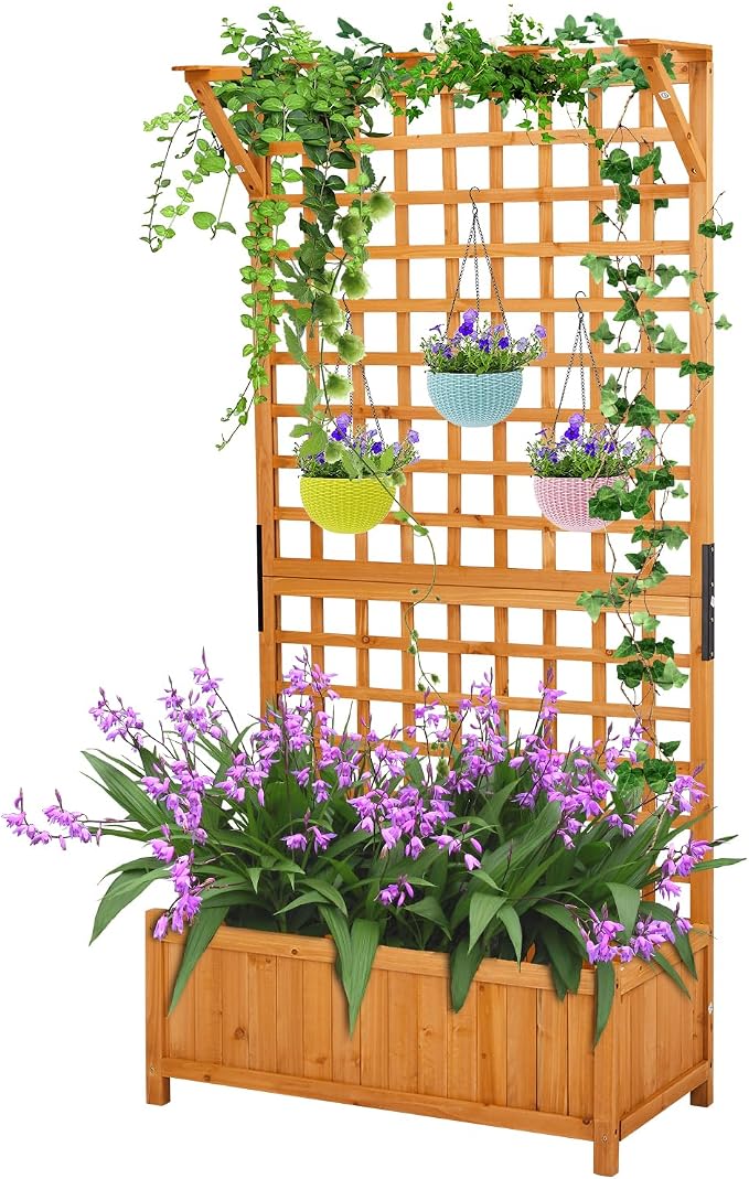 Outvita 72" H Outdoor Raised Garden Bed with Trellis & Roof, Wood Planter Box Equipped with Drainage for Vine Climbing Plants and Flowers Herbs in Balcony, Garden, Patio(Orange)