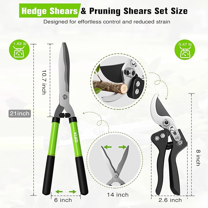 21"Hedge Shears & Pruning Shears 2pc Set,Manual Hedge Clippers with Wavy Steel Blades Lightweight Clippers Comfort Handles for Trimming Hedges Bushes Borders Shaping Boxwood Shrubs Plants Garden Tools