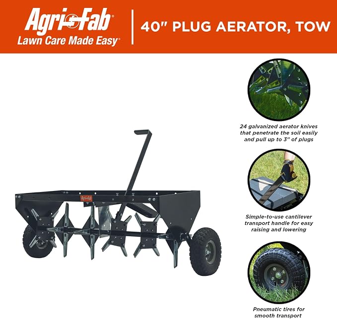 Agri-Fab 40 In Tow Behind Lawn Plug Aerator with 24 Galvanized Coring Knives and Universal Hitch