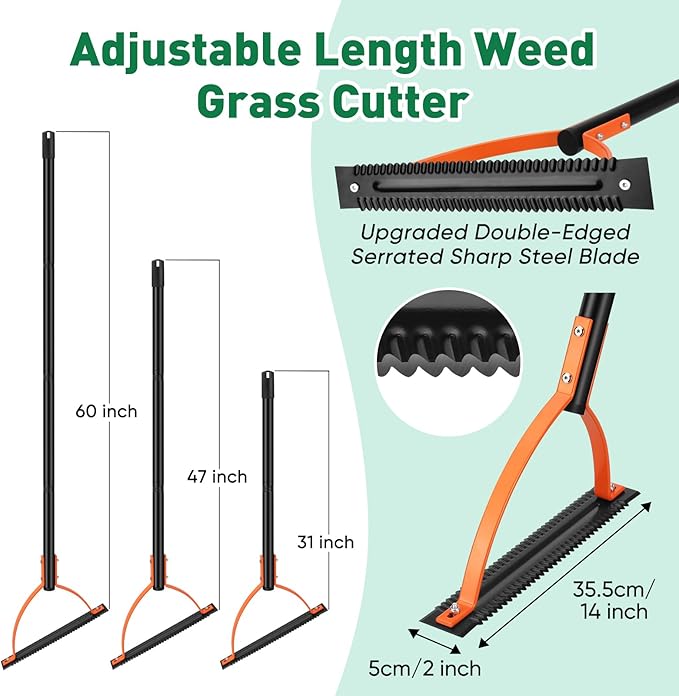 BlumWay 60 INCH Weed Grass Cutter with Double-Edged Serrated Sharp Steel Blade, Weed Cutter Tool, Manual Weed Whacker, Grass Whip, Stand Up Heavy Duty Weeder Tool with Long Handle for Weeds Yard