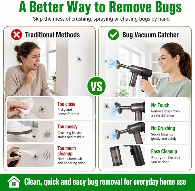 2026 Bug Vacuum Catcher,Cordless Handheld Spider&Insect Catcher with Strong Suction,USB Rechargeable Bug Sucker for Stink Bugs,Moths,Cockroaches,Flies,Indoor Home Car Kitchen Use,Safe for Kids&Adults